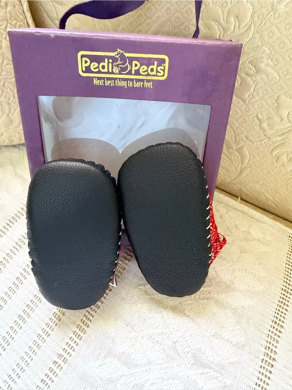 pediped Red Mary Jane Moccasins with Gold Embroidery